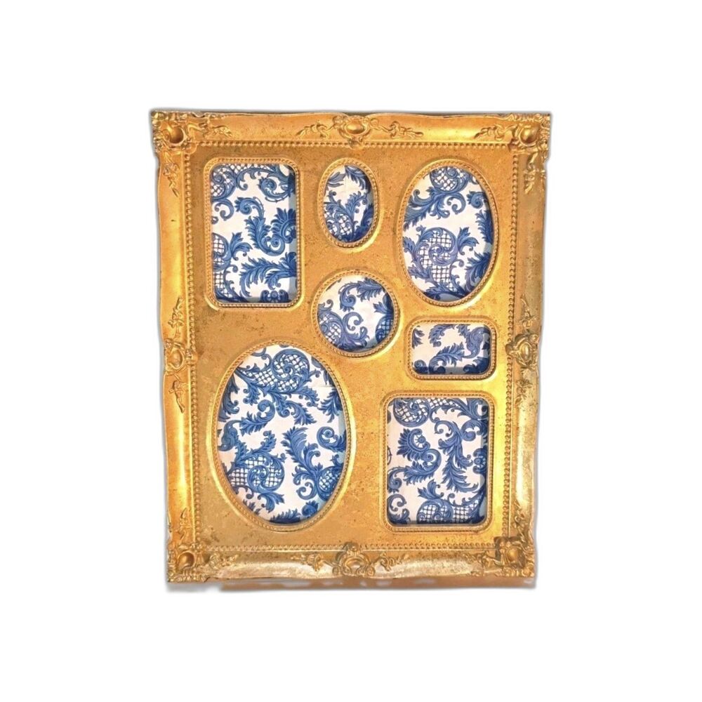 Large Gold Gallery Frame, Wall or Table Mount, 7 photo slots, 15x12"  Victorian